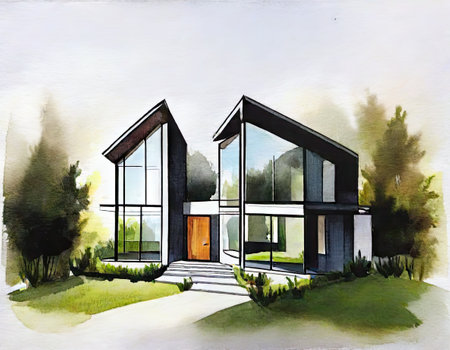 Watercolor painting of a modern house with a garden on a white backgroundの素材