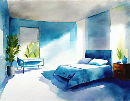 Watercolor illustration of a bedroom with blue walls and a blue floorの素材