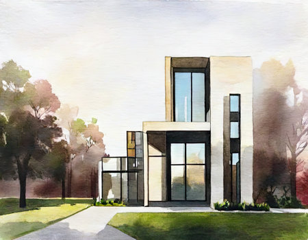 Watercolor illustration of a modern house with a view of the parkの素材