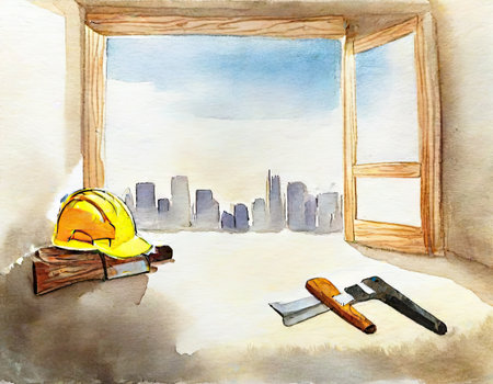 Drawing of a construction site in a room with a window.の素材
