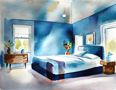 Watercolor illustration of a blue bedroom with a bed and a windowの素材