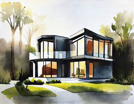 Watercolor illustration of a modern house with a beautiful landscaped gardenの素材