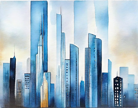watercolor illustration of skyscrapers in the city, modern architectureの素材