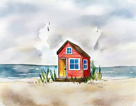 Watercolor illustration of a small red house on the sandy beach.の素材