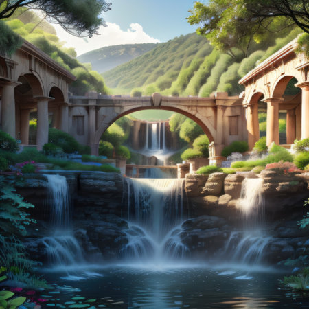 Picturesque View With A Waterfall In The Arches And Greek Inspiredの素材
