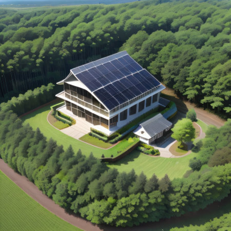 Sustainable Aerial View of Solar Panels Embracing Natureの素材