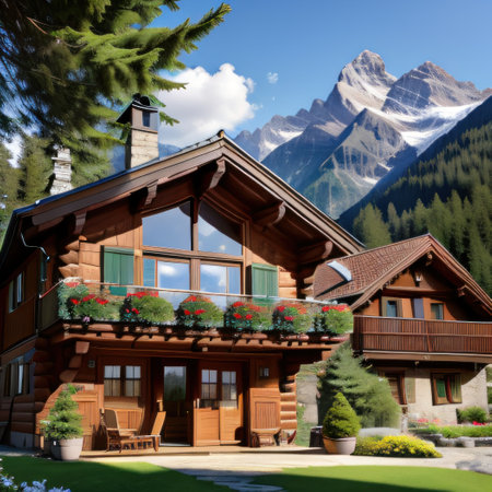 Swiss chalet nestled in the capturing the charm of Alpine Wooden houseの素材
