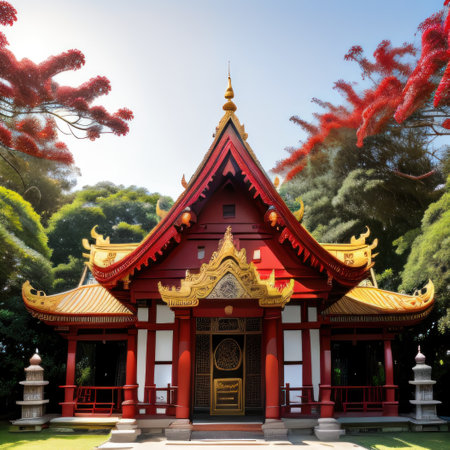 a white gingerbread house with a red door and aの素材