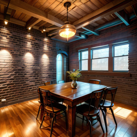 Modern futuristic neon lights on old grunge brick wall room backgroundの素材