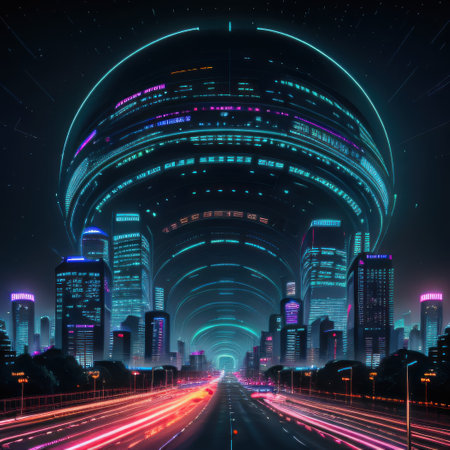 A futuristic cyberpunk city with neon lights and holographic depicting aの素材