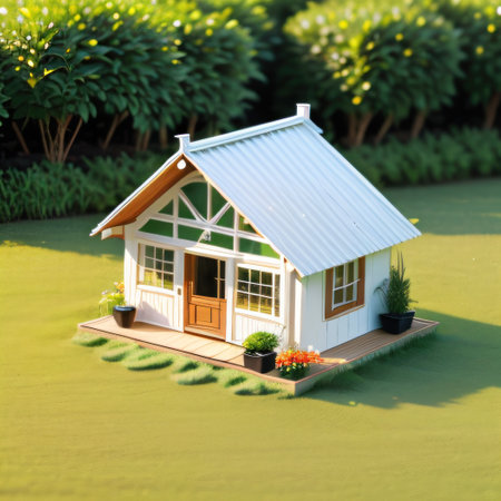 Miniature small house with grass roof isolated on sunny background withの素材