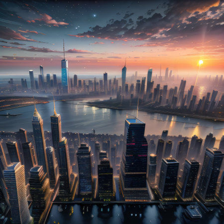 The Skyscrapers Are Seen During Sunset Under Sky Watercolor Paintingの素材