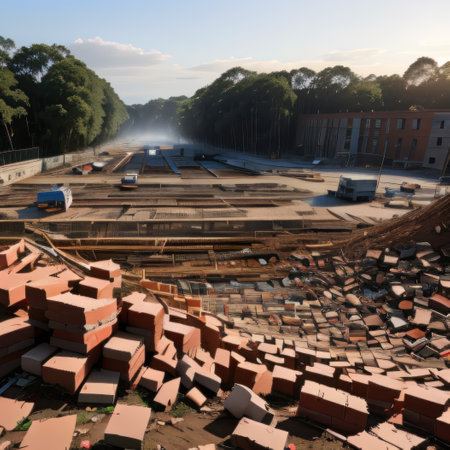 a heap of broken bricks on construction siteの素材