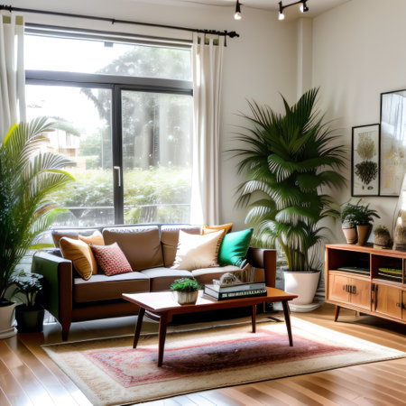 modern bohemian living room interior with sofwall art plants and side tablesの素材