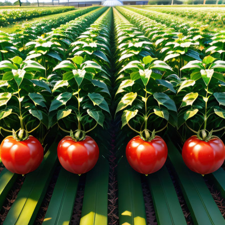 Tomatoes growing in greenhouseの素材