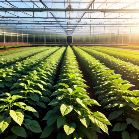 Tomatoes growing in greenhouseの素材