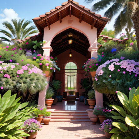 Under the open a large house with a stunning pink staircase surrounded byの素材