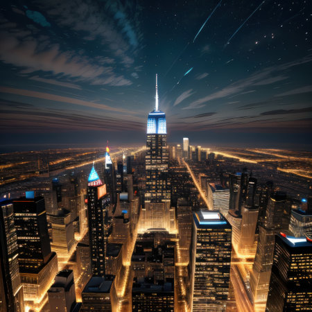 a painting of a city skyline with tall buildings andの素材