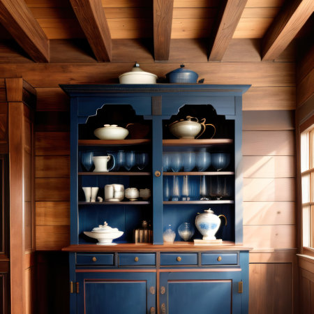 Blue retro wood cabinet near wainscoting Vintage classic home interiorの素材