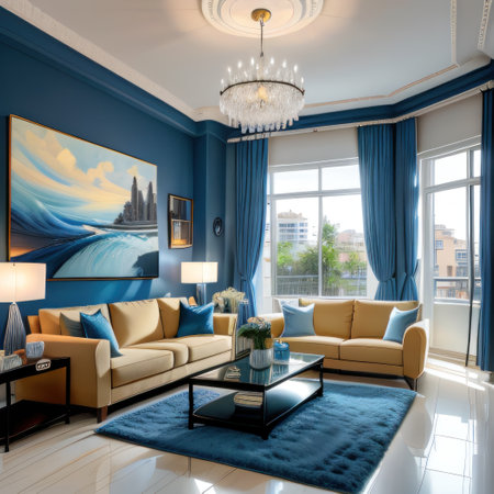 a living room with a blue couch and a painting on theの素材