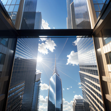 Bottom view of a modern glass Glass The glass windows reflect the blue skyの素材