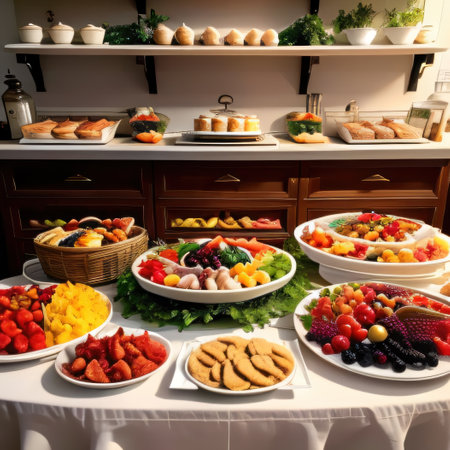 Catering buffet food indoor with meat colorful fruits and vegetables atの素材