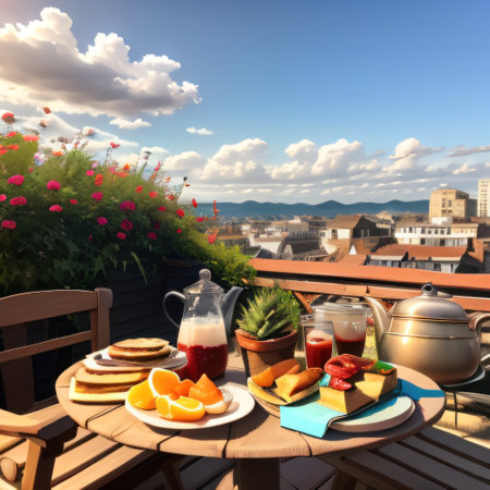 Delicious summer breakfast on amazing rooftop in old Created with