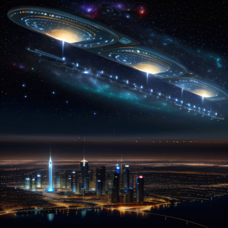 Futuristic skyscraper illuminates cityscape with modern architecture atの素材