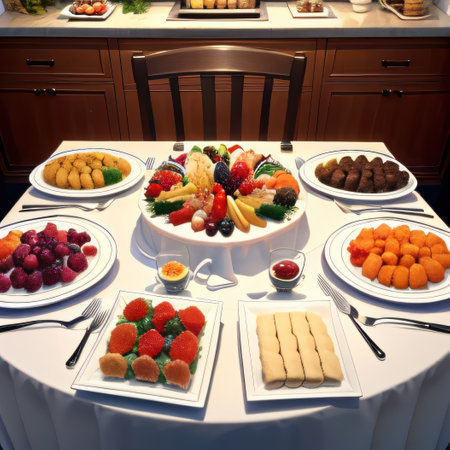 Catering buffet food indoor with meat colorful fruits and vegetables atの素材