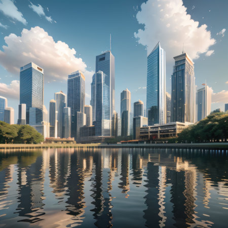 Modern building with reflection in the Modern skyscrapers in businessの素材