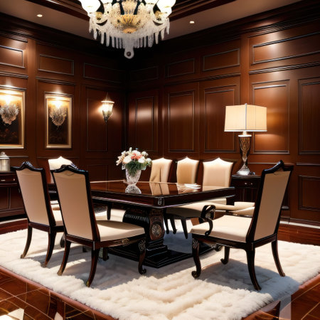 A luxurious and opulent interior design of a private jet with a woodenの素材