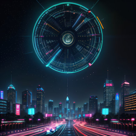 A futuristic cyberpunk city with neon lights and holographic depicting aの素材