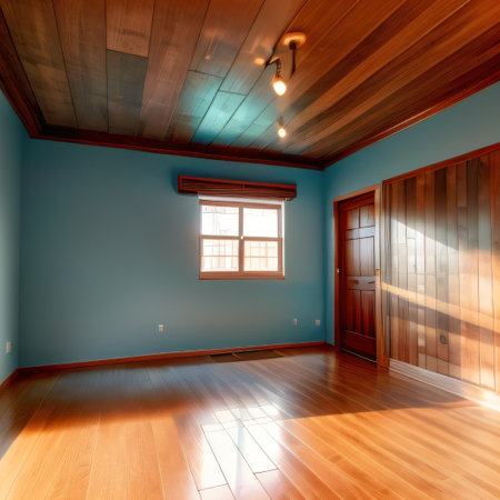 Minimal abstract light blue background with wooden floor for productの素材