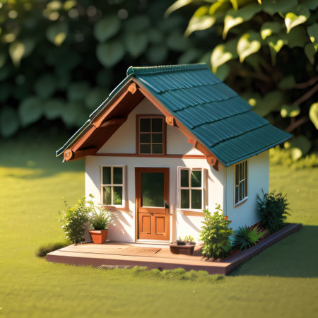 Toy model small house in green plants with grass roof isolated on whiteの素材