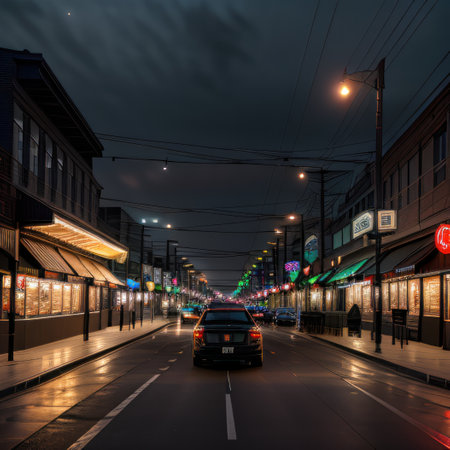 Empty shopping cart speeds through dark city streets at duskの素材