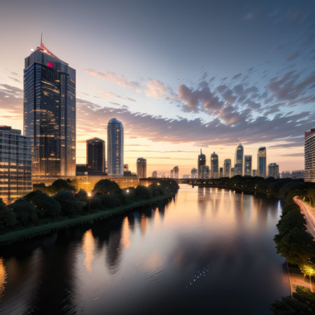 a city skyline with a river in the foreground and trees in theの素材