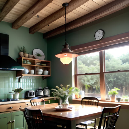 Large Cute Green Kitchen Interior with Sustainable Wood Cabinets and Milkの素材