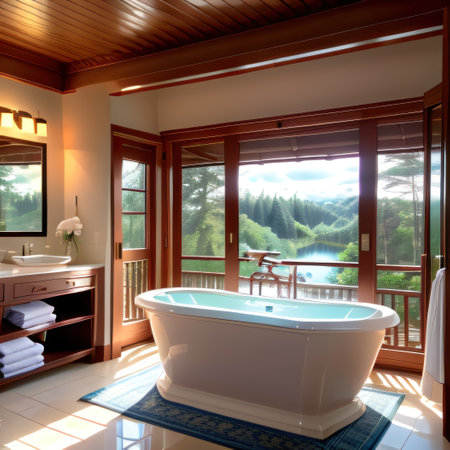 Badewanne aus Keramik und Holz im luxuriÃ¶sen Badezimmerの素材