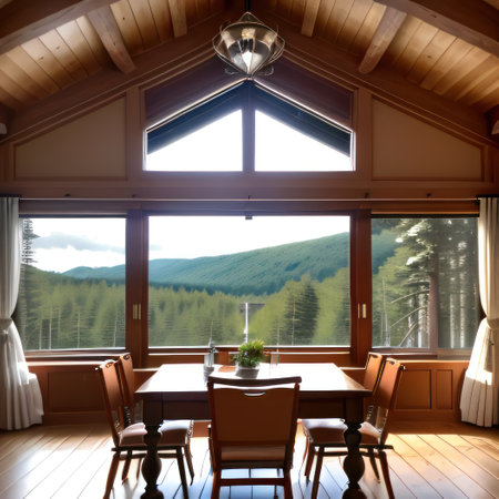 Salon maison grande baie vitrÃ©e donnant sur un paysage de montagnesの素材