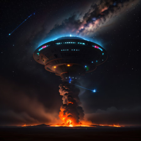 A of a UFO above a skyscraper in a bigの素材