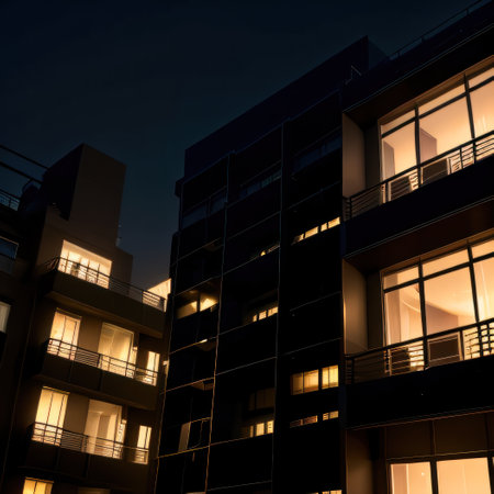 Captivating scene of illuminated residential building at exuding warmthの素材