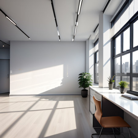 Interior of empty open space in modern Glossy large chillout windows withの素材