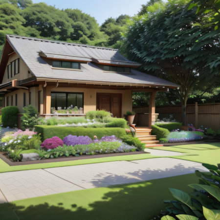 Rooftop garden providing a serene outdoor space with surrounding natureの素材