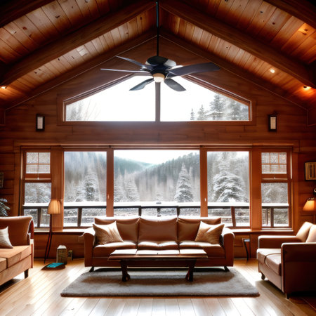 modern interior in a cozy and rustic cabin nestled in the snowy woodenの素材