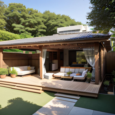 The exterior of a modern back garden patioの素材