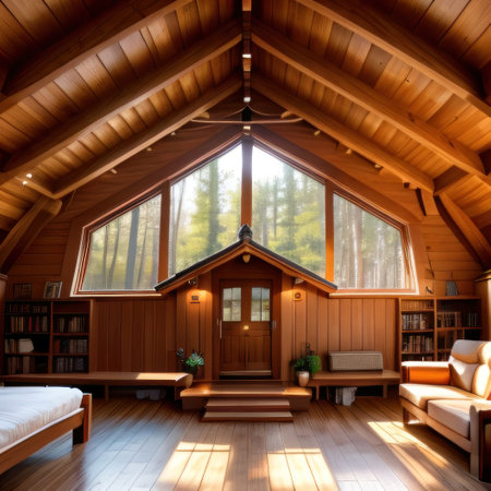 Eco hobbit house interior with wooden details and shapedgemeratedの素材