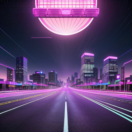 AIRetro vintage synthwave vaporwave city urban town Pink purple futureの素材