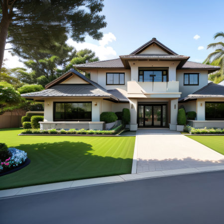 Photo of a modern luxury house with a spacious front yardの素材