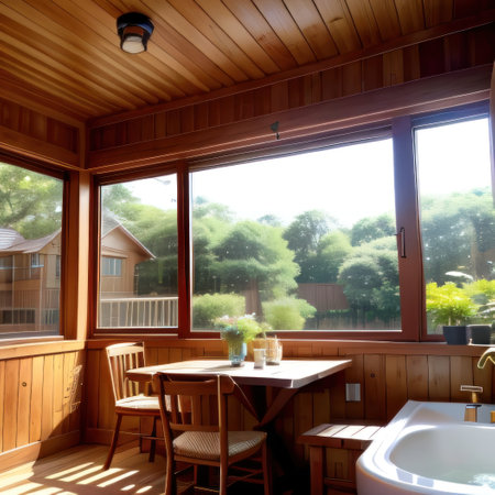 an outdoor dining area witha patio string and lush landscapingの素材