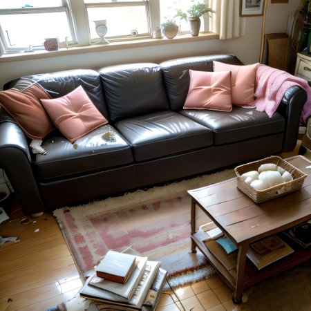 Messy dirty living room with sofa in chaosの素材
